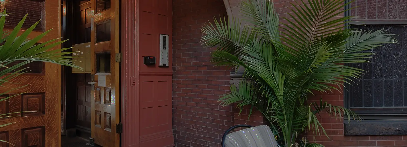FAQ page background with red brick wall, green palm plant, and white door with window